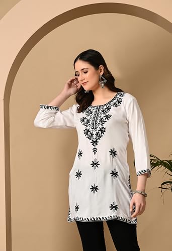 Image of LIBOZA Women's Chikankari Embroidered Short Kurti, Rayon Fabric, Three-Quarter Sleeves, Available in Pink, Black, Mustard Yellow, White, Pista and Green