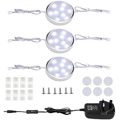 LABOREDUCER LED Linkable Puck Lights,3 Pack Wired Under Counter Lighting Kit for Kitchen Cabinet,Plug in Puck Lights with Manual Switch for Shelf Cupboard Showcase Bookcase (6000K Day White) Cover