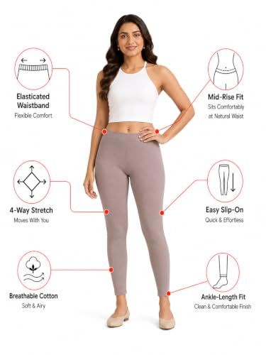 Image of Women's Cotton Lycra Ankle Length Leggings | Regular Rise, Soft 4 Way Stretch Fabric | Casual & Ethnic Wear