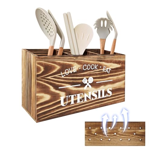 Cable Leader Porte Ustensiles Cuisine, Rangement Ustensiles Cuisine en Bois, Ustensiles de Rangement Bois pour Comptoir, 3 Compartiments, avec Trous...