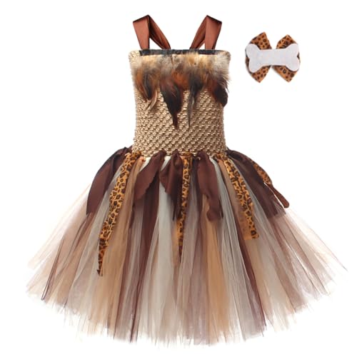 IBAKOM Costume de princesse Costume d'Indienne des cavernes Robe en tulle ? volants et n?ud pour les cheveux Costume de jeu de r?le pour enfant brown S/2-3Y