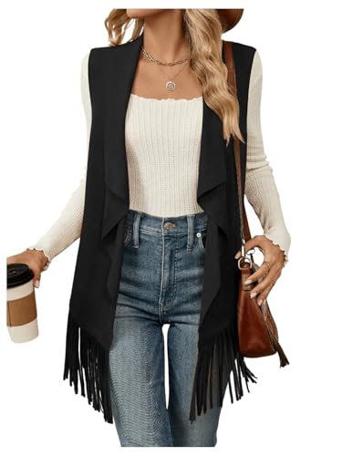 Women's Sleeveless Fringe Vest Open Front Faux Suede 70s Hippie Jakcket Outerwear