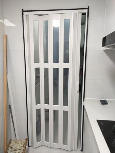 PVC Accordion Folding Door with Transparent/Frosted Glass Panels, Space-Saving Sliding Room Divider for Bathroom and Kitchen Doorways
