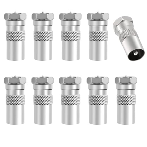 Adaptador de Tipo F Macho a RF Coaxial Macho, Adaptador coaxial Macho a tipo f macho, Apto para TV, DVB-T 2, antenas SAT, antenas planas, LNB, BNC, TV y receptores, Niquelado, 10 unidades