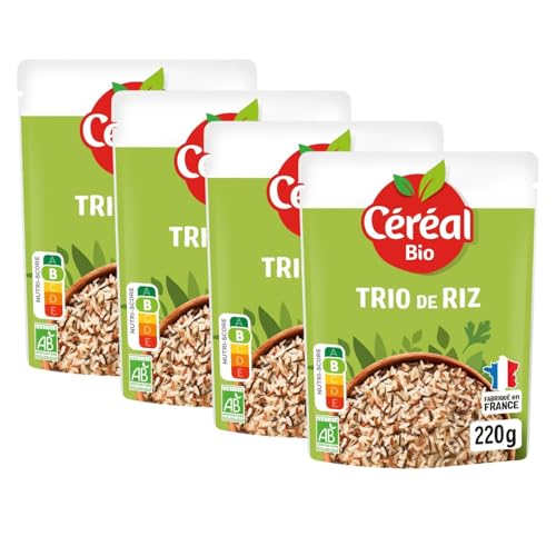 CÉRÉAL BIO – Trio de Riz – Mélange de Riz Bio Nature – Recette Végane – Plat Cuisiné Bio Individuel – Repas Prêt à Réchauffer en 2 min – Nutriscore B – 220 g