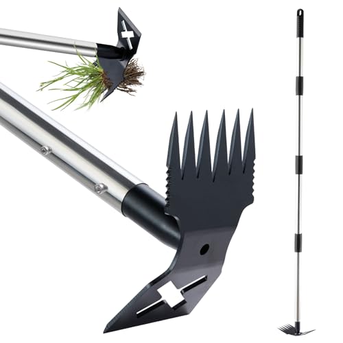 LAWFYMORI Weed Puller Tool with Long Handle, 60'' Weed Remover Weeding Tool, Heavy Duty 2 in 1 Manual Weed Rake and Garden Hoe, Gardening Weeder Tools for Yard, Lawn, Patio, Garden