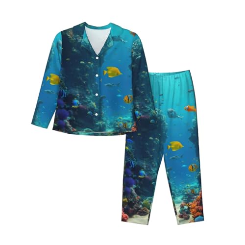 Pyjama imprimé poisson bleu ensemble à manches longues pour femme confortable