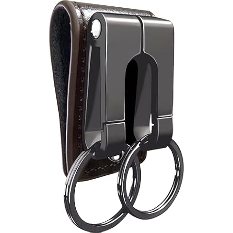 GABOX Belt Keychain Clip, Keyring Holder for Belt, Belt Loop Key Clips, Key Holder Key Rings Keeper Pocket Pants Key Hook, Cowhide Leather Black Metal Cover