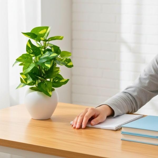 Image of fancymart Artificial Plant Leaves in Apple Pot (30 cm Height) | Small Potted Plant for Office Desk | Home Decor for Living Room | Cafe & Restaurant Table Decoration