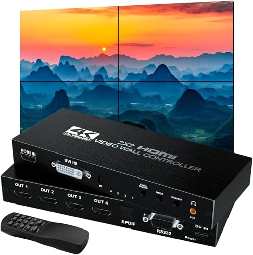Image of MICROWARE Video Wall Controller 2X2, Video Wall Processor 4K x 2K HD Display HDMI and DVI Input, 1080P@60Hz Output, 5.1CH Audio,180 Degree Rotate, 9 Splicing Display 2x2, 1x2, 1x3, 1x4, 2x1, 3x1, 4x1