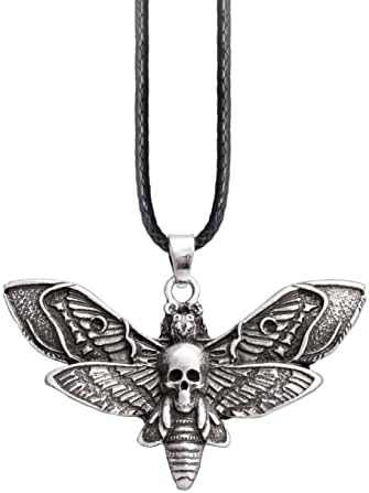HAQUIL Skull Necklace - Metal Alloy, Skull Death's-Head Hawkmoth Pendant - PU Leather Cord, 19.7" (Style 2)