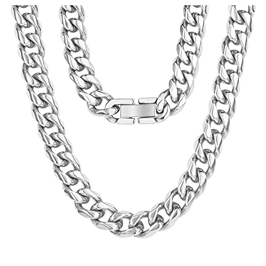 Aucuu Collar Hombre de Acero Inoxidable Plata Cadena Cubana,Cadena de Eslabones de Plata Cubana, 8mm/50 cm. Joyas en Caja-Plata
