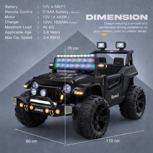 Image of kidsROAR Electric Ride-On Jeep for Kids | Remote Control 12V Battery Operated Rechargeable Big Car with LED Lights Music | Boys & Girls Age 3 to 7 Years (Black)
