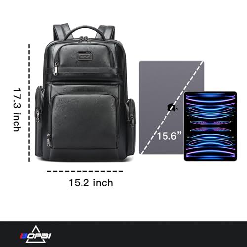 BOPai Genuine Leather Laptop Backpack Men for 15.6 inch Business Smart Professional Lightweight Backpack with USB Charging Office Commuter Computer Rucksack Executive Anti Theft Black2