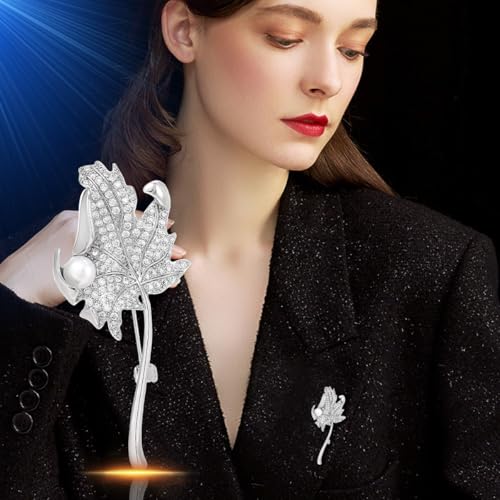 Image of Rhinestone Leaf Brooch Pins - Crystal & Gold-plated Lapel Pin Jewelry for Women - Birthday Gift for Wife or Friends