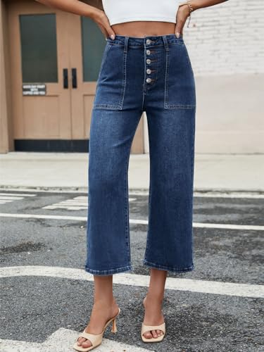 Genleck Women's Wide Leg Jeans – Cropped High Waisted Petite Trendy Jeans Button Stretchy Capri Baggy Loose Fit Denim Pants2