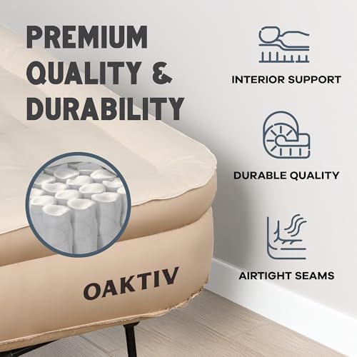 Image of Oaktiv Twin Air Mattress with Frame, Self Inflating /Deflating Bed for Adults - PeakRest Blow Up Bed, Camping Cot with Mattress - Portable with Travel Rolling Case on Wheels