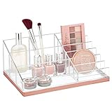 mDesign Práctico organizador de maquillaje – Decorativa caja para guardar cosméticos como esmaltes de uñas o polveras – Expositor de maquillaje con 10 compartimentos – transparente y dorado rosado