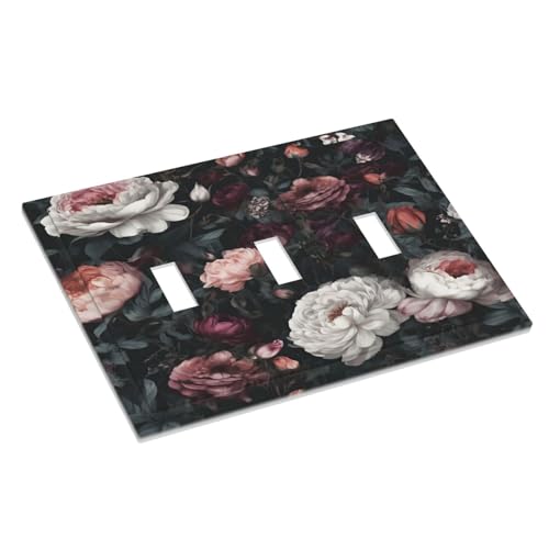Decorative Light Switch Cover Plate Rustic Big Pink Flowers White Peony Floral 3 Gang Wall Plate Oversized Triple Toggle Switch Cover Plate Jumbo Faceplate for Home Decor