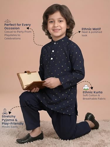 Image of POLKA TOTS Boys Cotton Ethnic Kurta Pajama Set with Attached Koti | Ethnic Motif Wear Kids Kurta Pyjama for Boys & Toddlers | Traditional Dress for Weddings & Festivals | Festive Jubba Set for Babies