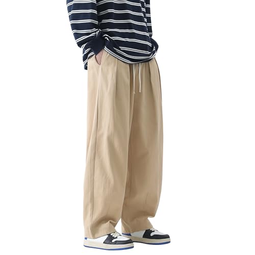 PRIJOUHE Men's Baggy Cargo Pants Casual Loose Fit Wide Leg Pants with Elastic Drawstring Waist
