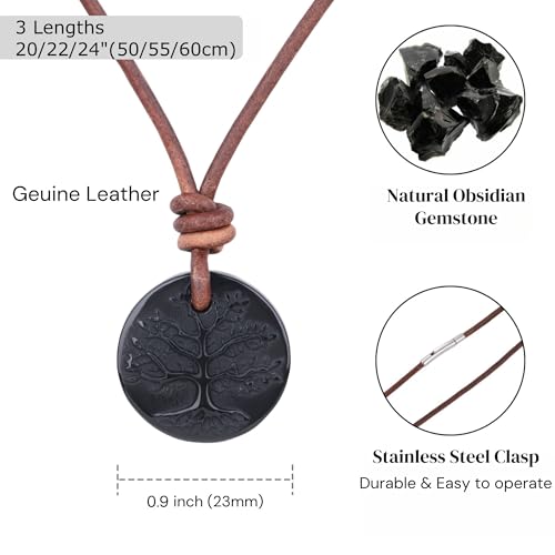 COAI Genuine Leather Necklace for Men Women, Tree of Life Pendant Black Obsidian Necklace for Men Women 20"/22"/24"3