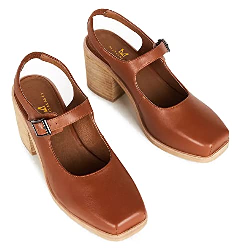 MOOMMO Women Block High Heel Slingback Mary Jane Pumps Platform Square Toe Ankle Buckle Strap Closed Toe Sandals 3 Inch Stacked Chunky Heel Dress Pumps Matte Retro Chic Office Daily 4-11 M US2