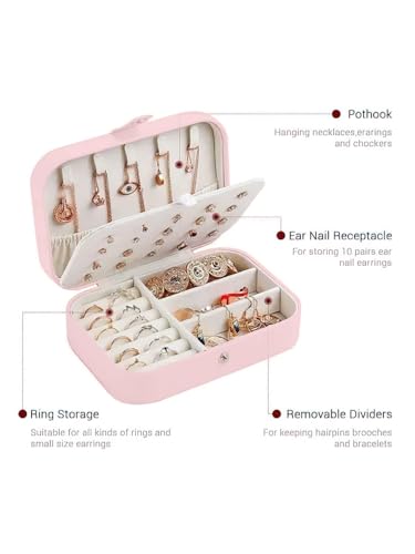 Image of Cortina Jewellery Organiser PU Leather Zipper | Portable Storage Box Case with Dividers | Container for Rings, Earrings, Necklace Home Organizer - Light Pink