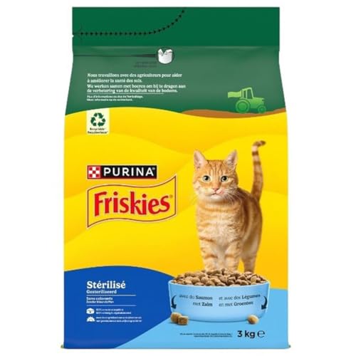 FRISKIES | Chat | Croquettes complètes pour Chat Adulte Stérilisé | Au Saumon et aux Légumes | Aliment Complet Riche en Vitamines et Minéraux | Sac | 3 KG