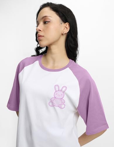 Image of JUNEBERRY 100% Pure Cotton Oversized Baggy Fit Drop Shoulder Round Neck Graphic Printed Raglan Sleeve T-Shirt for Women (Sizes: S to 2XL)
