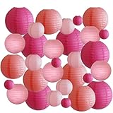 DUOLEIMI 提灯セット 30個 紙提灯 お盆 ちょうちん 5種サイズ各6個 紙 ランタン カラー 提灯 祭り 灯籠 新盆 初盆 お盆飾り パーティー イベント 飾り付け 居酒屋 誕生日 結婚式 開店 (粉色)