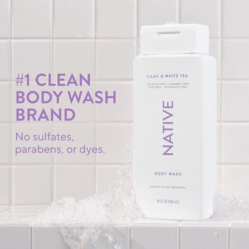 Image of Native Clean Body Wash, Gentle & pH-balanced for Sensitive Skin, 24-Hr Freshness for Women & Men, Vegan & Cruelty-Free, Free of Sulfates, Parabens & Phthalates, Lilac & White Tea, 18fl oz
