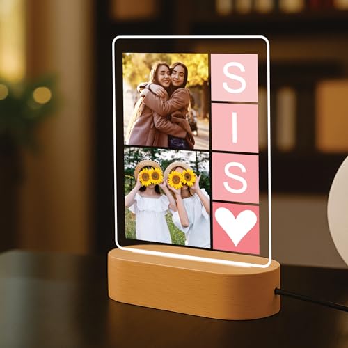Image of Giftplease Personalised Sister Photo Frame - Custom Acrylic Memory Collage with Wooden Base, Special Raksha Bandhan Gift for Sister, Unique Personalized Keepsake for Rakhi Celebration, Sibling Decor