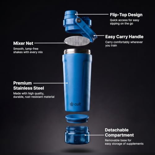 Image of CULT Stainless Steel Gym Shaker 600ml | Leakproof Protein Mixer Bottle with Storage Container & Secure Lock Lid for Fitness & Travel (Royal Blue)