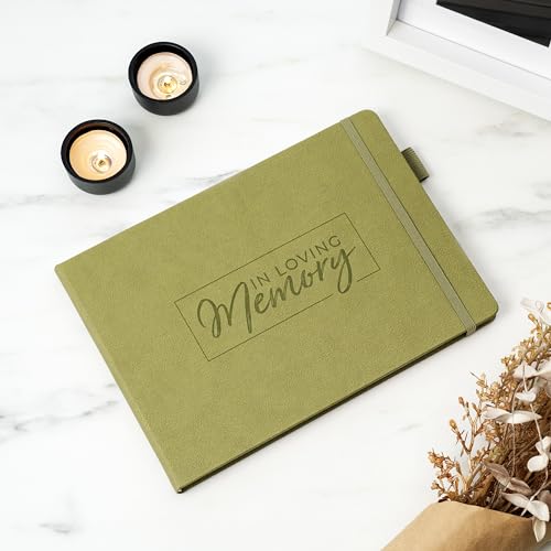 Image of Clever Fox Funeral Guest Book for Memorial Service w /Address, Olive | 10x7 in, 120 pages, Eco leather hardcover, Personalized celebration of life guestbook, Memory book & condolence register