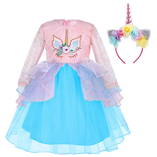 IWEMEK Princesa Unicornio Cumpleaños Bebé Niña Vestido de Manga Larga de Encaje de Tul Disfraz de Cosplay para Fiesta Carnaval Navidad Bautizo Comunión Boda Azul 6-7 Años