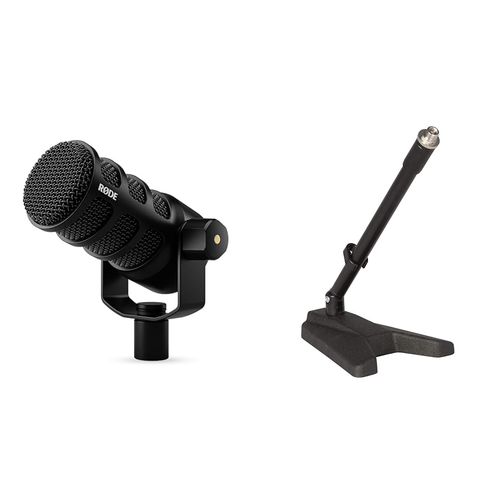 RØDE PodMic USB Microfono Dinamico Broadcast Versatile con Connettività XLR e USB per Podcasting & QuikLok A114BK asta microfonica telescopica da tavolo nera