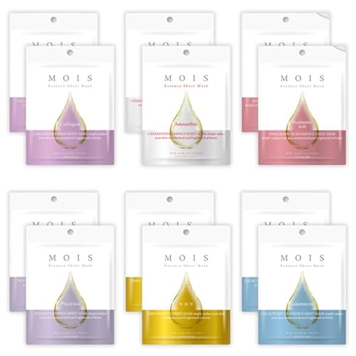 フェイスマスク パック 6種類 フェイスパック 無添加 美容液 25ml コラーゲン アスタキサンチン ヒアルロン酸 プラセンタ NMN ガラクトミセス 個包装 MOIS エッセンスシートマスク12種セット(6種12枚セット)