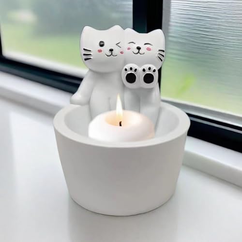 Cat Candle Holder, Cartoon Kitten Candle Holder, Cat Warming Hands Candle Holder, Gift for Girl Women, Cat Lover Gifts Candles for Candle Holders Decor (White Cat)