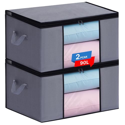 Boic 2 Piezas Cajas Almacenaje Ropa, 90L Almacenaje Bajo La Cama, Organizador Armario, Bolsas AlmacenajeRopa, Organizador Ropa 60x45x35cm Con Mango Reforzado Para Mantas, Juguetes