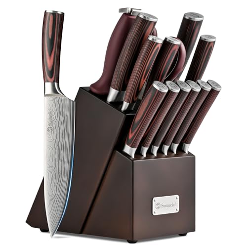 Image of Sunnecko Knife Set with Block and Sharpener, 15 Pcs Kitchen Knife Block Set