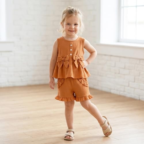 Image of Toddler Girl Clothes Sleeveless Top Shorts 2Pc Summer Outfit 12M-5T | 100% Cotton, Soft breathable, Double crepe fabric, Adorable bow ruffle pocket design, Perfect for daily wear, birthday, party