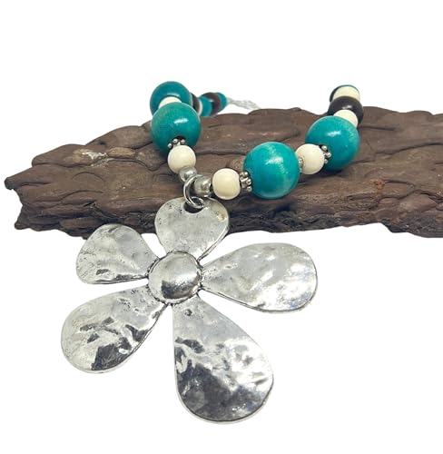 Bohemian Statement Necklace with Silver Flower Pendant, Turquoise, Wood Beads
