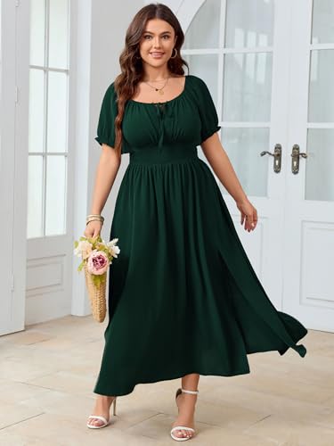 Women's Plus Size Maxi Dress Short Sleeve Smocked Square Neck Tie Front Split A-Line Flowy Long Dresses4