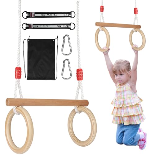KIMIGO Schaukel Garten,Kinderschaukel Outdoor Indoor,Kinderschaukel aus Holz Schaukelbrett,Brettschaukel für Kinder zum Schaukeln 2 in 1 mit Turnringe zum Aufhängen