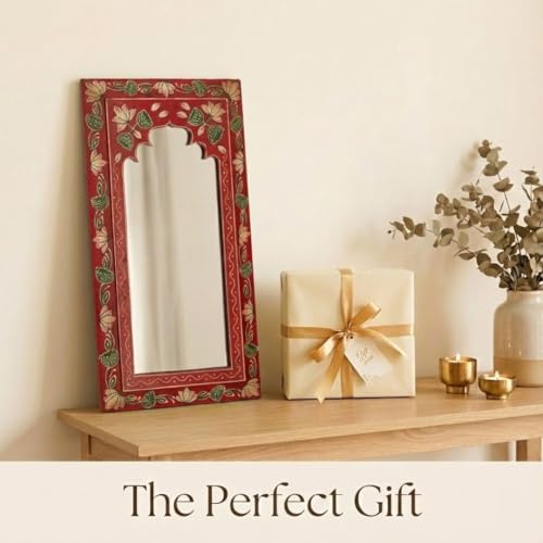 Image of Heritage Red Handpainted Wooden Mirror | Handcrafted Arch Design with Floral Motifs | Rajasthani Traditional Jharokha Style Mirror | Framed Wall Hanging for Home, Bedroom |18x9.5 Inch