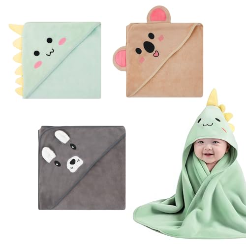 Auroriel 3 Piezas Toallas con Capucha para Bebés 80 x 80 cm, Toallas Suaves para Niños Pequeños y Recién Nacidos, Toalla de Baño para Bebé en Cian, Gris Oscuro y Café