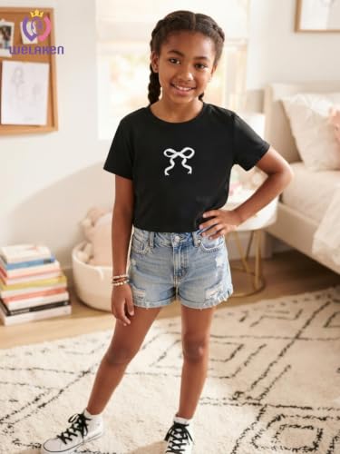 Image of WELAKEN Girls Soft T-Shirt with Curved Hem, Breathable Stretchy Rayon Crewneck Short Sleeve Tees, Kids Everyday Basic Top