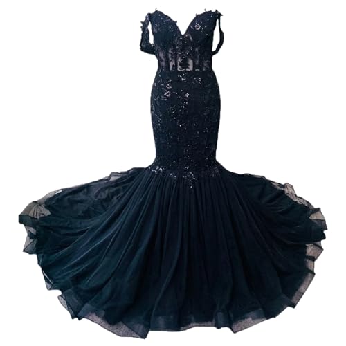 Ftupza Tulle Mermaid Wedding Dresses for Bride Off Shoulder Lace Wedding Gown Long Black Bridal Gown