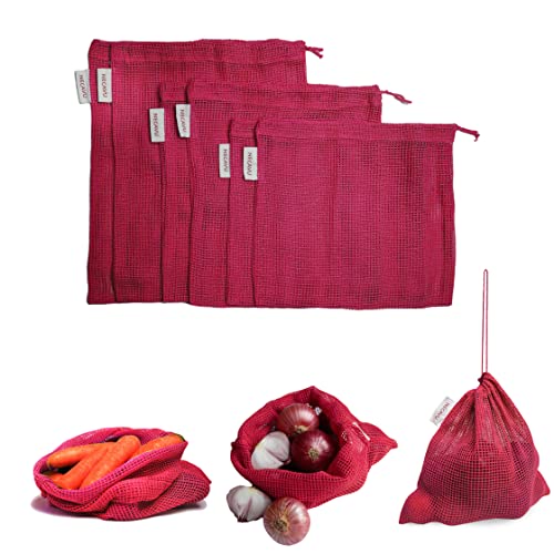 NECAVU Cotton Set of 6 Fridge Storage Bags | Eco-Friendly Natural Cotton & Mesh Net Fridge Accessories | Multi-Purpose Bags (Onion Pink), Drawstring